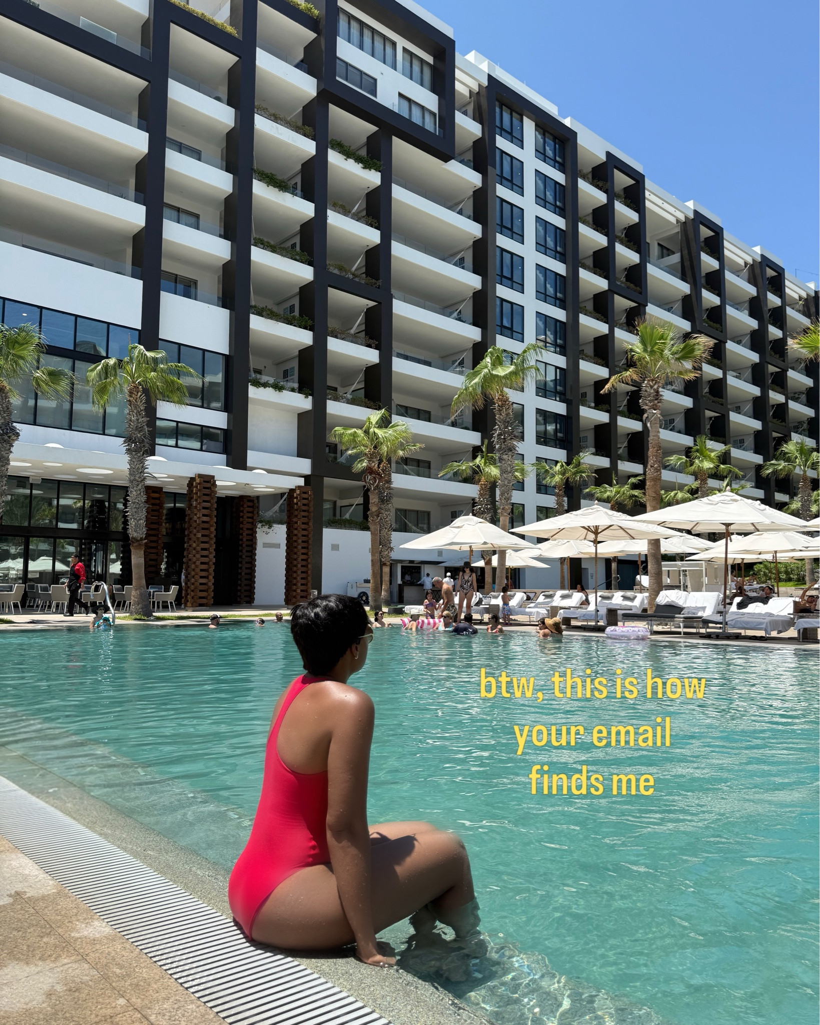 This is how your email finds me…somewhere by the pool or beach DND

Comment “VACATION” to get outfit details via DM

Swimsuit linked @skims 
Hat: @lackofcoloraus