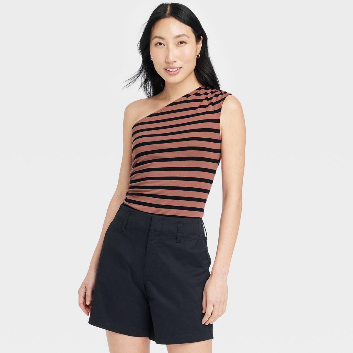 Women's Slim Fit One Shoulder Tank Top - A New Day™ Brown Striped XS | Target