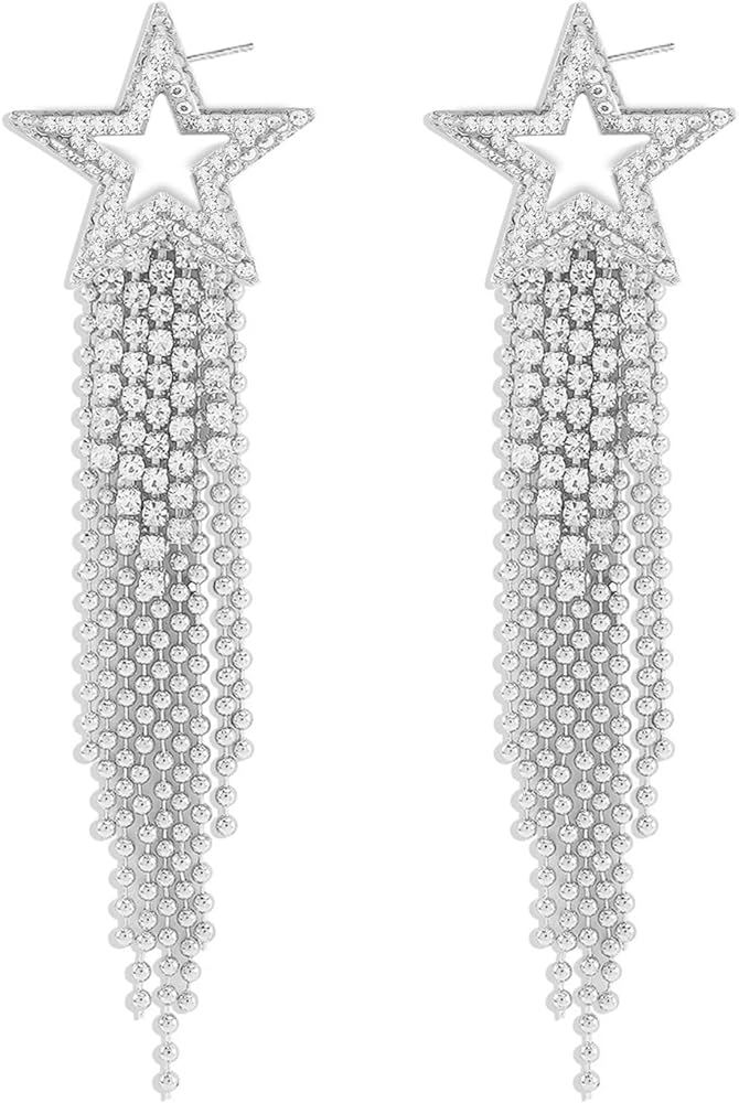 Star Earrings Dangle Silver Star Earrings for Women Rhinestone Star Dangle Earrings Iridescent St... | Amazon (US)