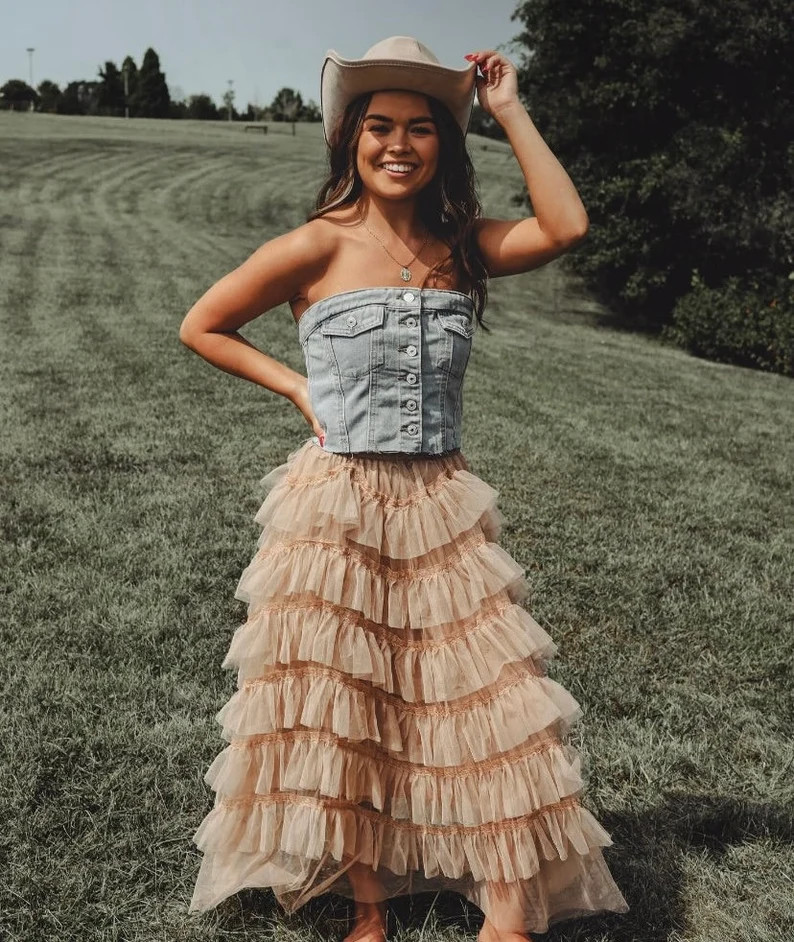 Dusky Tan Layered Skirt Vintage Country Midi Long Wedding Guest Bohemian Western Festival Skirt E... | Etsy (US)