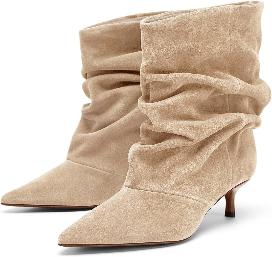 Coutgo Womens Slouchy Ankle Boots Kitten Heel Pointed Toe Pull On Booties | Amazon (US)