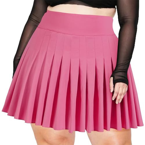 Moon Wood Women's Plus Size Pleated Mini Skirt- Girls High Waist Tennis Athletic Skirt with Shorts Hot Pink | Amazon (US)
