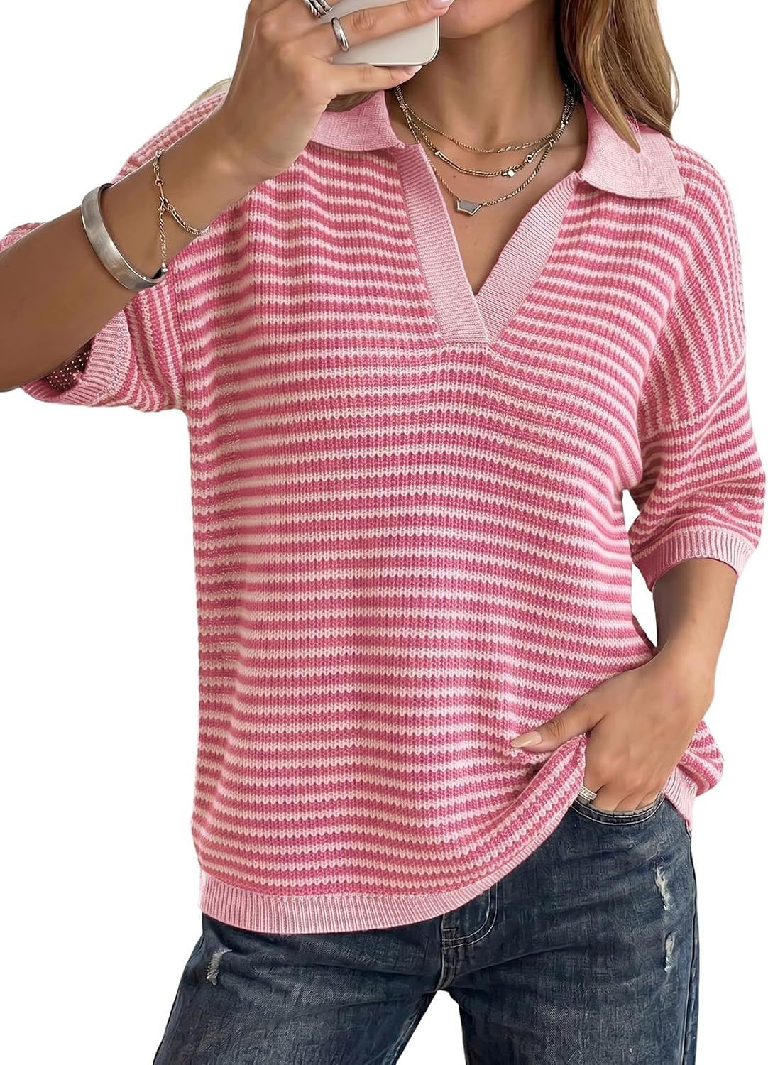 Dokotoo Women's Half Sleeve Striped Sweaters 2026 Collared V Neck Knit Top | Amazon (US)