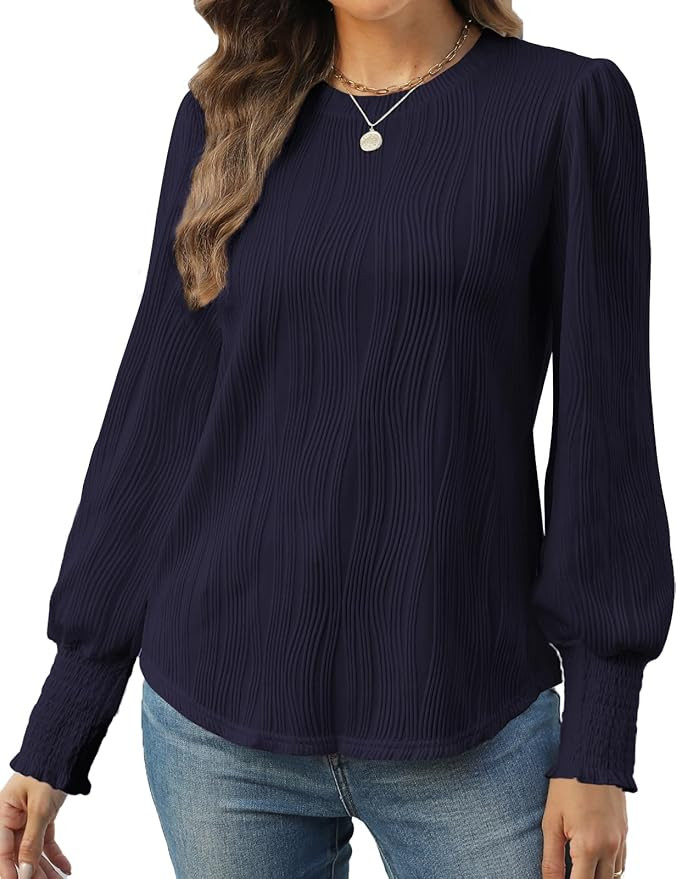 CiCiBird Women Casual Textured Tops Dressy Long Sleeve Solid Shirt Trendy Crewneck Work Blouses | Amazon (US)