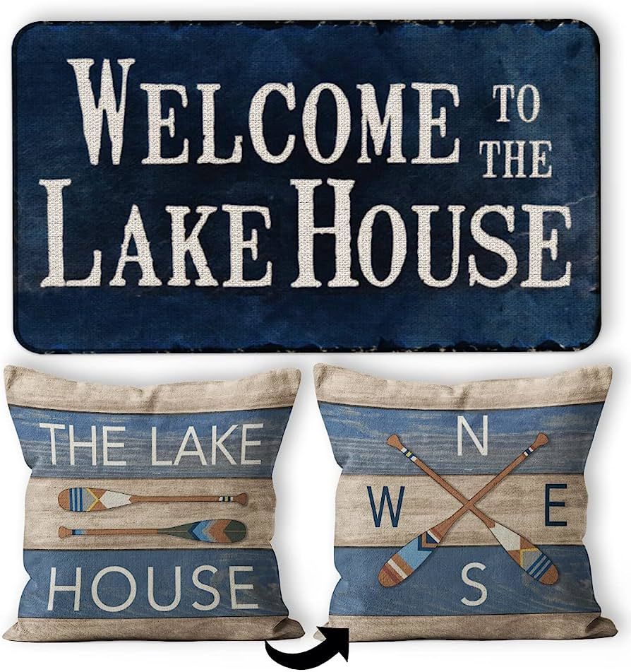 Welcome To The Lake House Decorative Navy Blue Doormat 17”X30”,The Lake House Paddles Reversi... | Amazon (US)