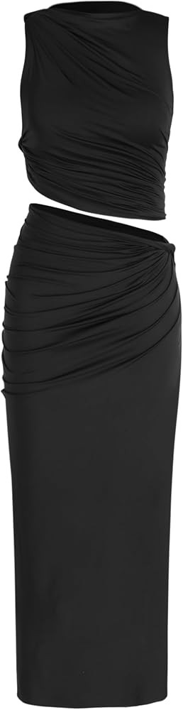 CIDER Two Piece Sets For Women Sexy Asymmetrical Neck Crop Top High Waist Maxi Skirt Slim Fit Ruc... | Amazon (US)