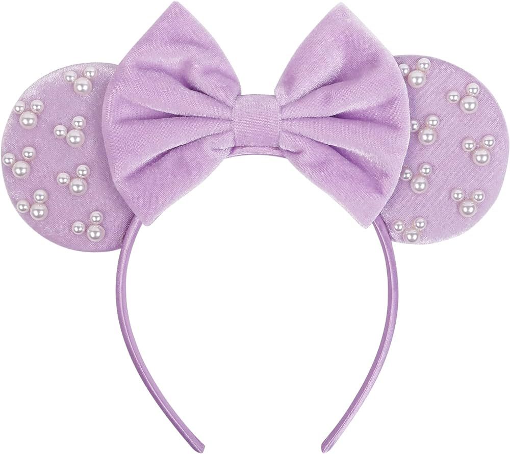 WOVOWOVO Mouse Ears Headbands for Women Girls Purple Bow Pearl Hairbands Velvet Headband Christma... | Amazon (US)