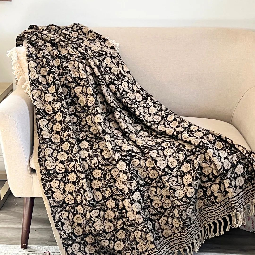 Handmade Floral Throw Blanket, Woven Black Floral Hand Block Print, Throw Blanket for Livingroom ... | Etsy (US)