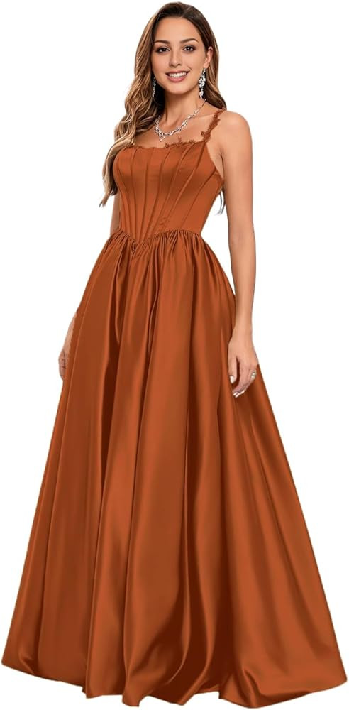 A Line Long Prom Dresses for Women 2024 Appliqued Spaghetti Straps Corest Formal Ruched Satin Bal... | Amazon (US)