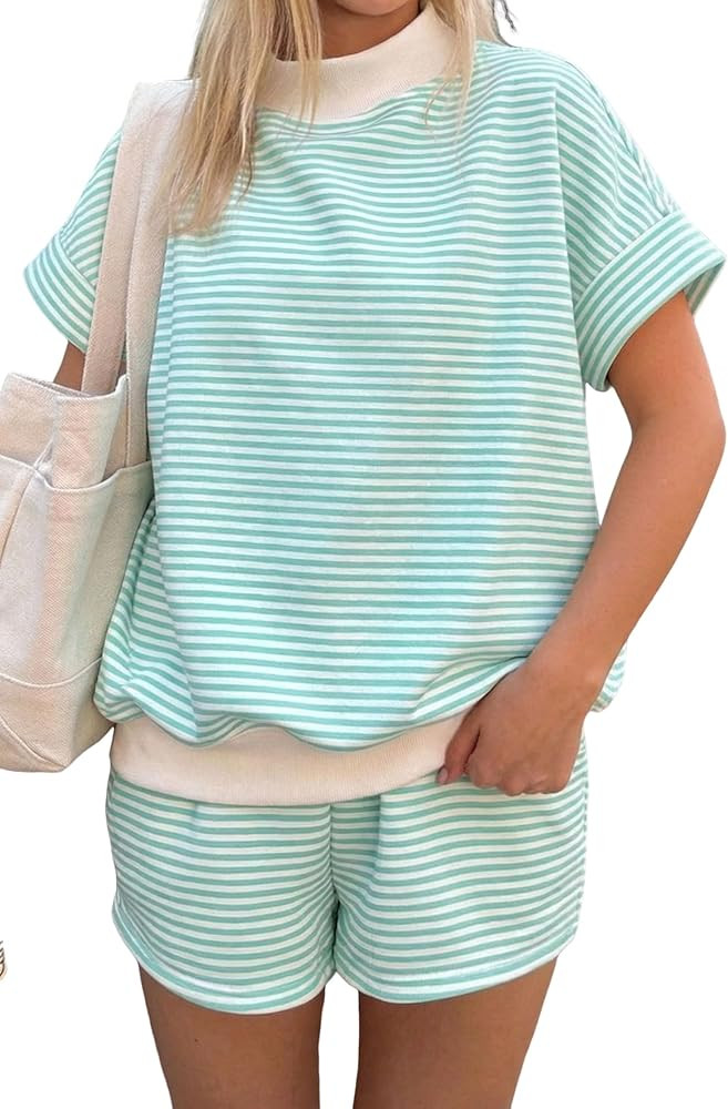 wihnsinop Pink Stripe Cuffed Sleeve Contrast Mock Neck Tee Casual 2pcs Short Set 2026 Summer Outf... | Amazon (US)