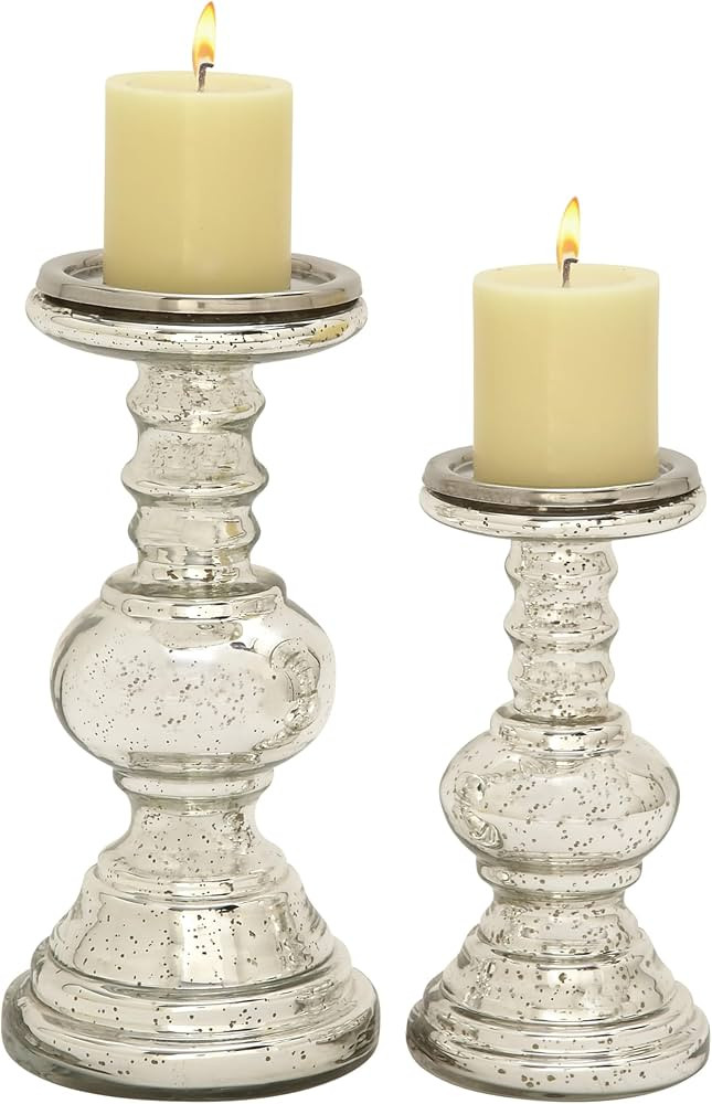 Deco 79 Glass Handmade Turned Style Pillar Candle Holder with Faux Mercury Glass finish, Set of 2... | Amazon (US)