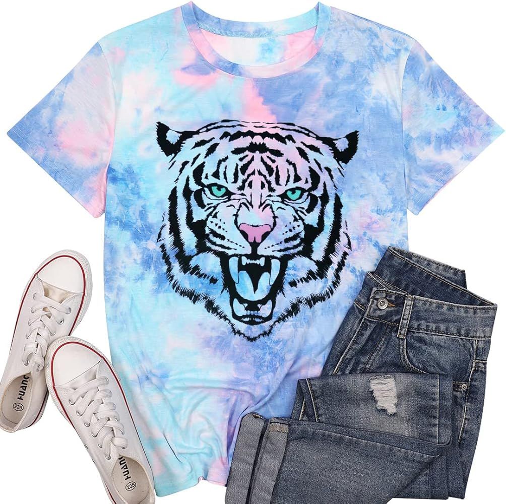 Tie Dye Shirt Womens Animal Tiger Graphic Tees Tops Summer Casual Loose Short Sleeve T-Shirt Blou... | Amazon (US)