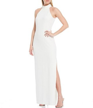 Reese Halter Neck Sleeveless Crepe Side Slit Gown | Dillard's