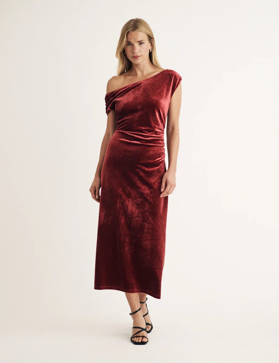 Burgundy Velvet Off Shoulder Skylar Midi Dress | Nobody's Child