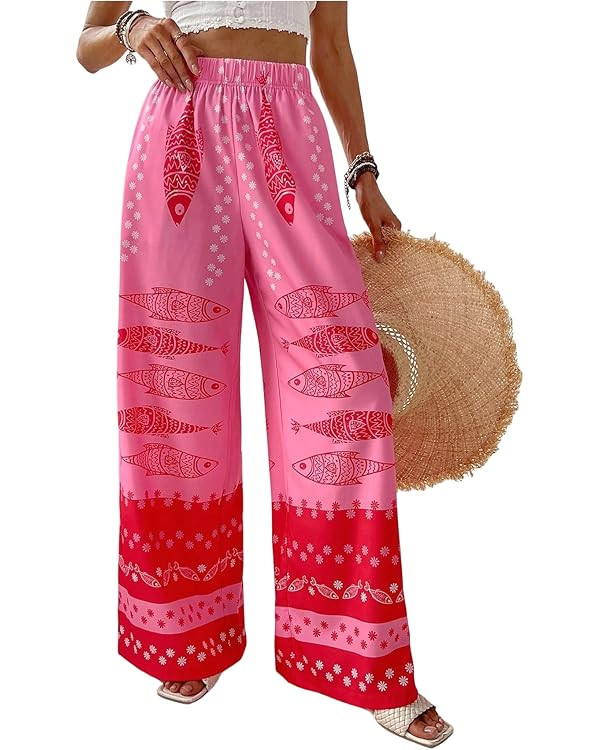 MAKEMECHIC Women's Summer Beach Boho Pants Wide Leg High Waist Vacation Palazzo Pants | Amazon (US)