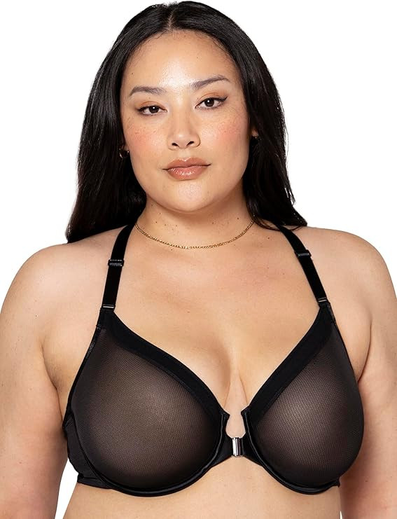 Curvy Couture Women's Sheer Mesh Front-Close Racerback Unlined Bra | Amazon (US)