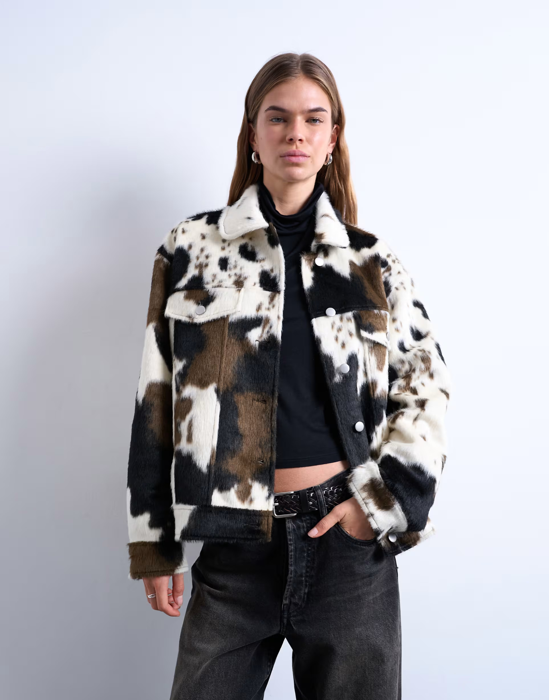 Topshop faux fur pony skin western trucker jacket in cow print | ASOS (Global)