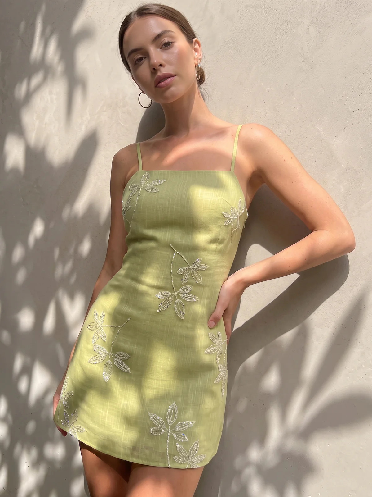 Sequin Leaf Embellished Slip Dress | Commense