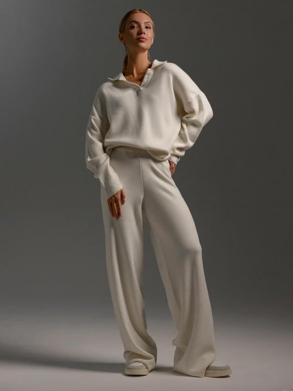 prigridche Casual Sets For Women 2024 Polo Neck Knit Sweatshirt And Wide Leg Sweatpant 2 Piece Ou... | Amazon (US)