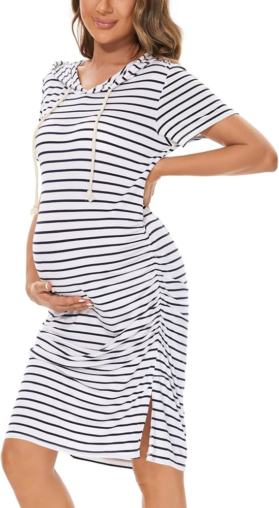 Women's Maternity Hoodie Dress Short Sleeve Split Side Ruched Pregnancy Clothes | Amazon (US)