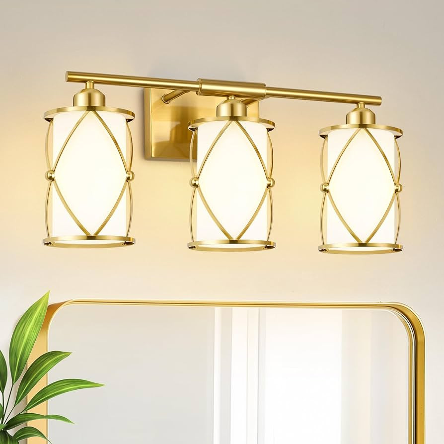 3-Light Brushed Gold Bathroom Light Fixtures with Milk Frosted Glass, 21" Modern Bathroom Vanity ... | Amazon (US)