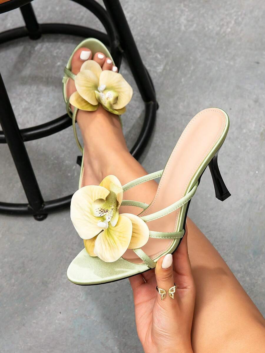 CUCCOO SZL Fashionable Light Green 3D Orchid Decor Stiletto High Yellow Heel Sandals, Suitable Fo... | SHEIN