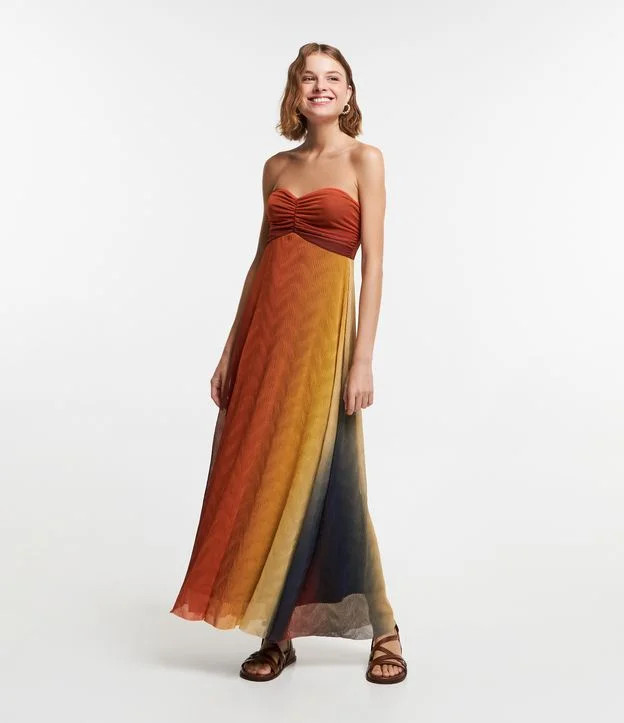 Vestido New Midi em Tule Degradê com Lastex nas Costas Laranja | Renner (BR)