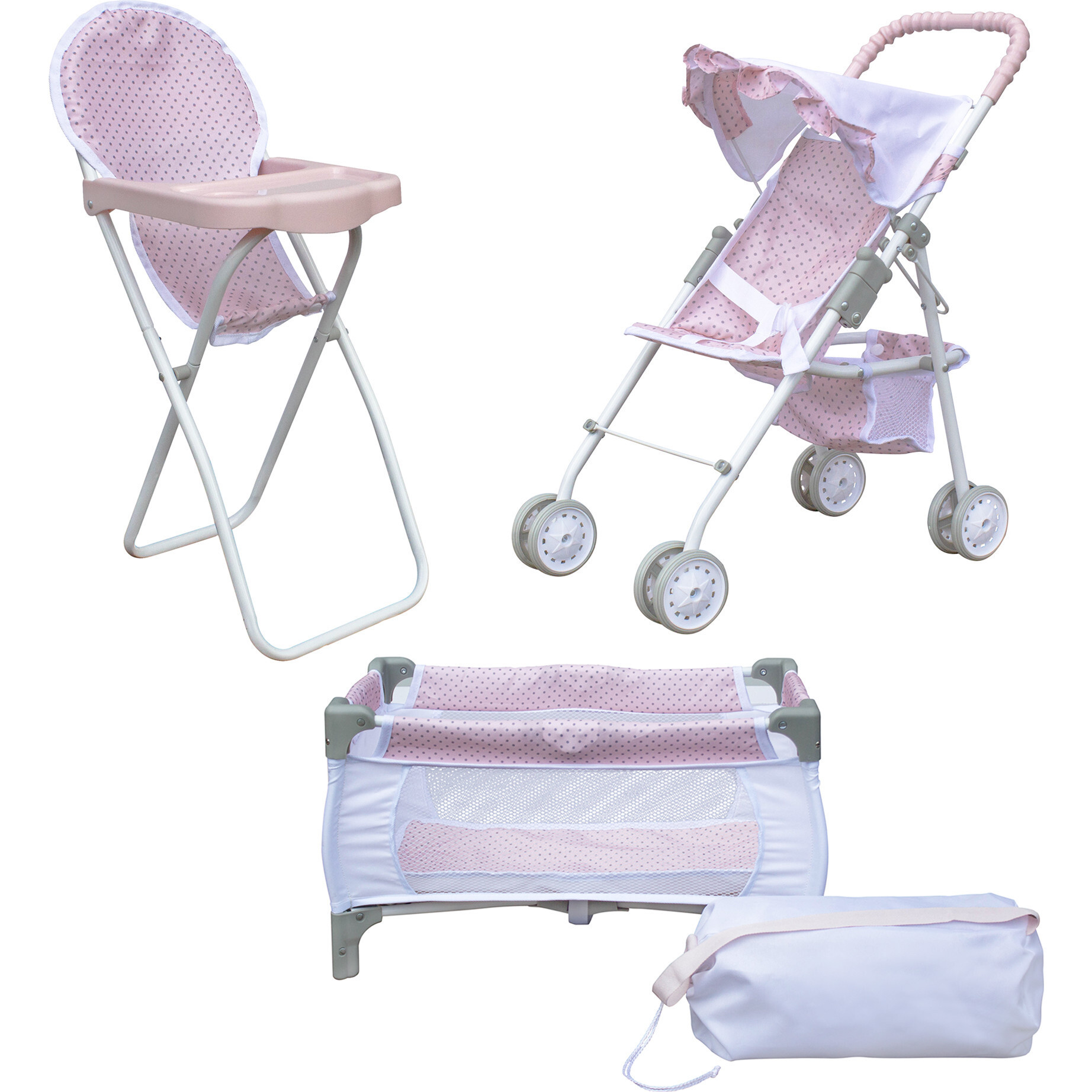 Olivia's Little World - Polka Dots Princess 3 in 1 Doll Nursery Set, Pink & Grey | Maisonette
