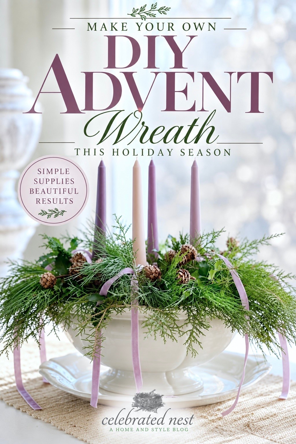 Create a beautiful DIY Advent wreath for the holiday season with just a few simple supplies. I used soft velvet ribbon, traditional Advent candles, floral foam, and a favorite vessel, then added fresh winter greens and pinecones for a natural, timeless look. I’ve linked everything you need to recreate it at home.