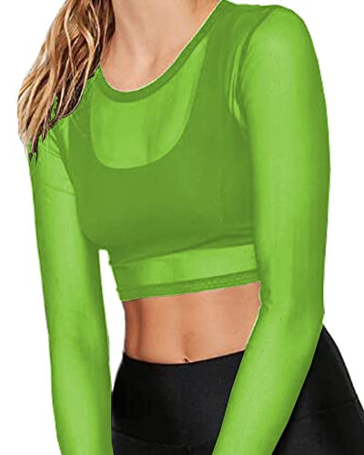 BelleLovin Women's Sheer Mesh Long Sleeve Crop Top Sexy Tee Blouse (Neon Green, Small) | Amazon (US)