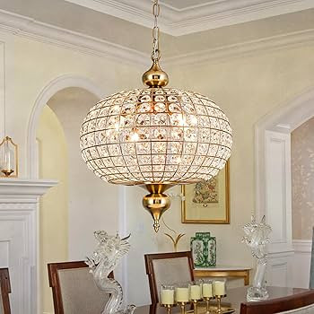Gold Crystal Chandelier, 16.5" Modern 4-Light Round Crystal Pendant Light Antique Globe Foyer Cha... | Amazon (US)