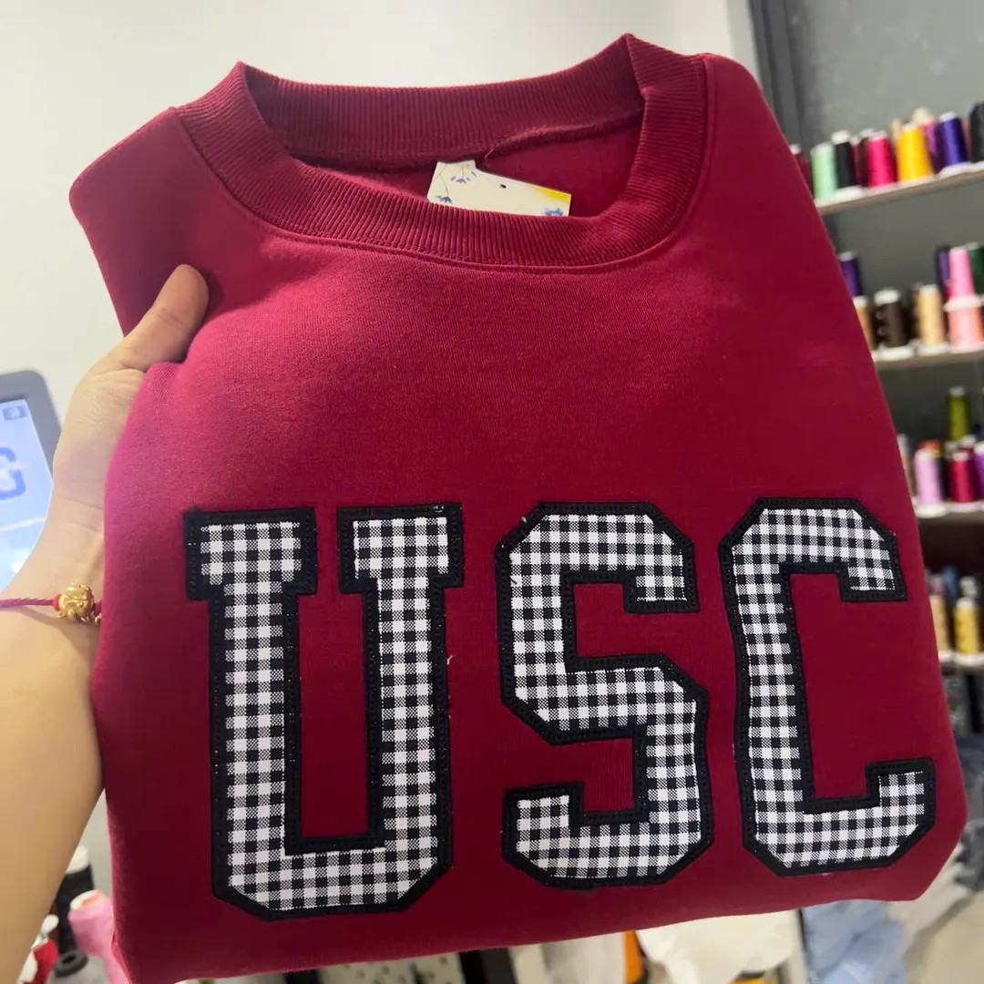 USC Inspired Embroidered Sweatshirt, Custom College Crewneck, Black Gingham Applique Letters Shir... | Etsy (US)