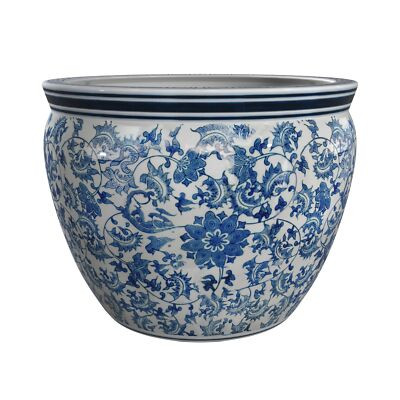 Oriental Furniture 12" Floral Blue & White Porcelain Fishbowl 12" Diameter | eBay US