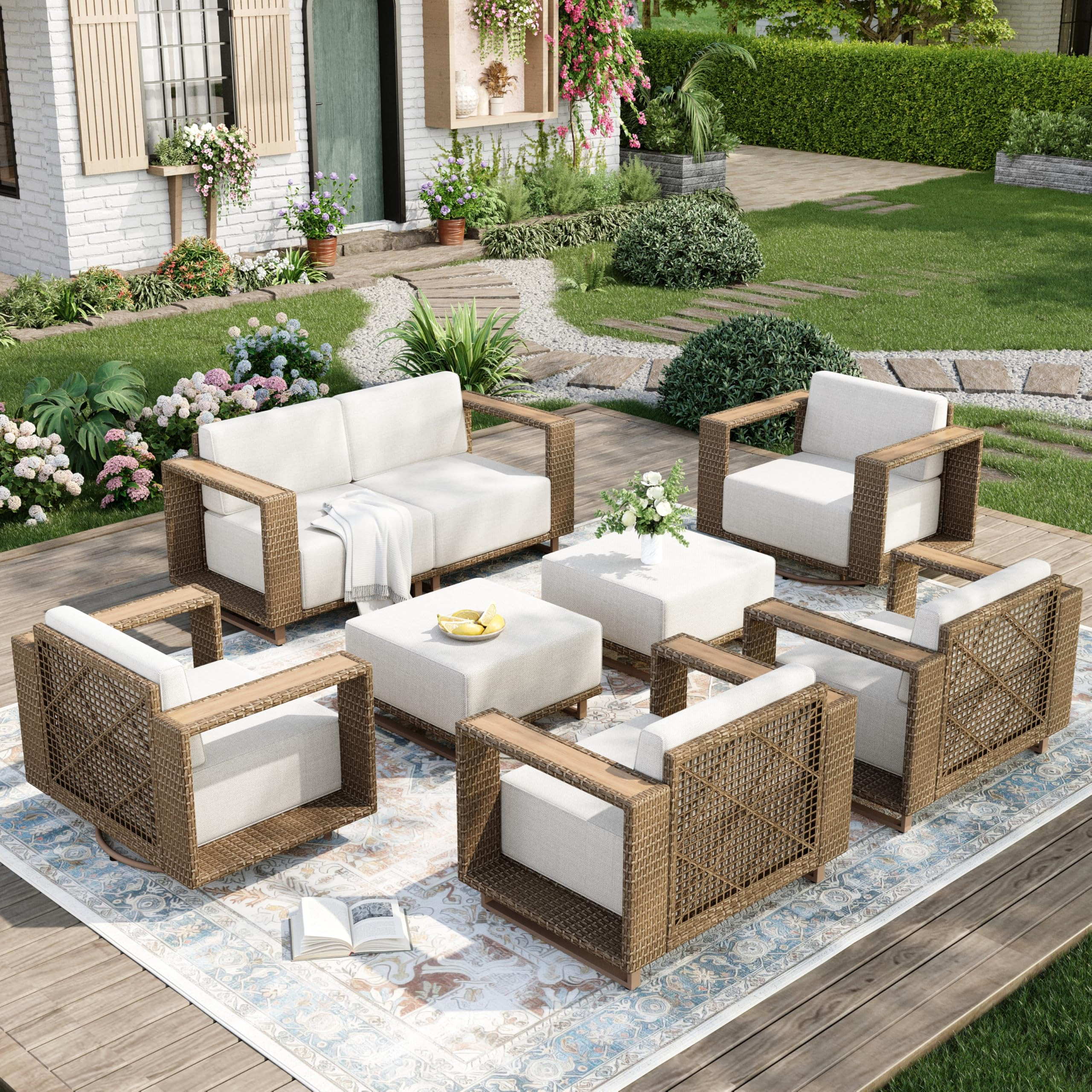 Outdoor Patio Furniture Set, 8 Piece Outdoor Rattan Wicker Couch, Conversation Sets with 2 Swivel... | Amazon (US)
