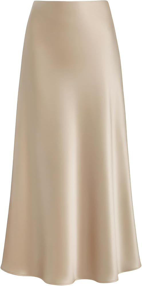 Women's Satin High Waisted Maxi Skirts Hidden Elasticized Waistband A Line Long Skirt | Amazon (US)