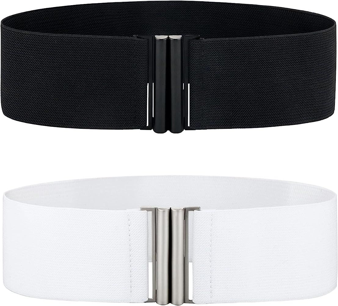 2 Pack Womens Belt Wide Elastic Belt, Black Vintage Plus Stretchy Waist Belt, Cinch Trimmer Belt | Amazon (US)
