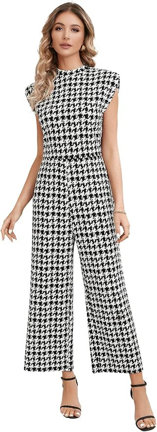 WDIRARA Women's Houndstooth Mock Neck Cap Sleeve Wide Leg Jumpsuit Pants | Amazon (US)