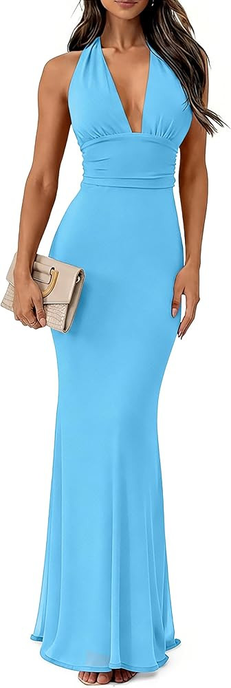 Prinbara Womens Summer Halter Deep V Neck Formal Bodycon Maxi Dresses 2026 Backless Mesh Wedding ... | Amazon (US)