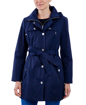 Women's Hooded Belted Zip-Front Raincoat | Macy's
