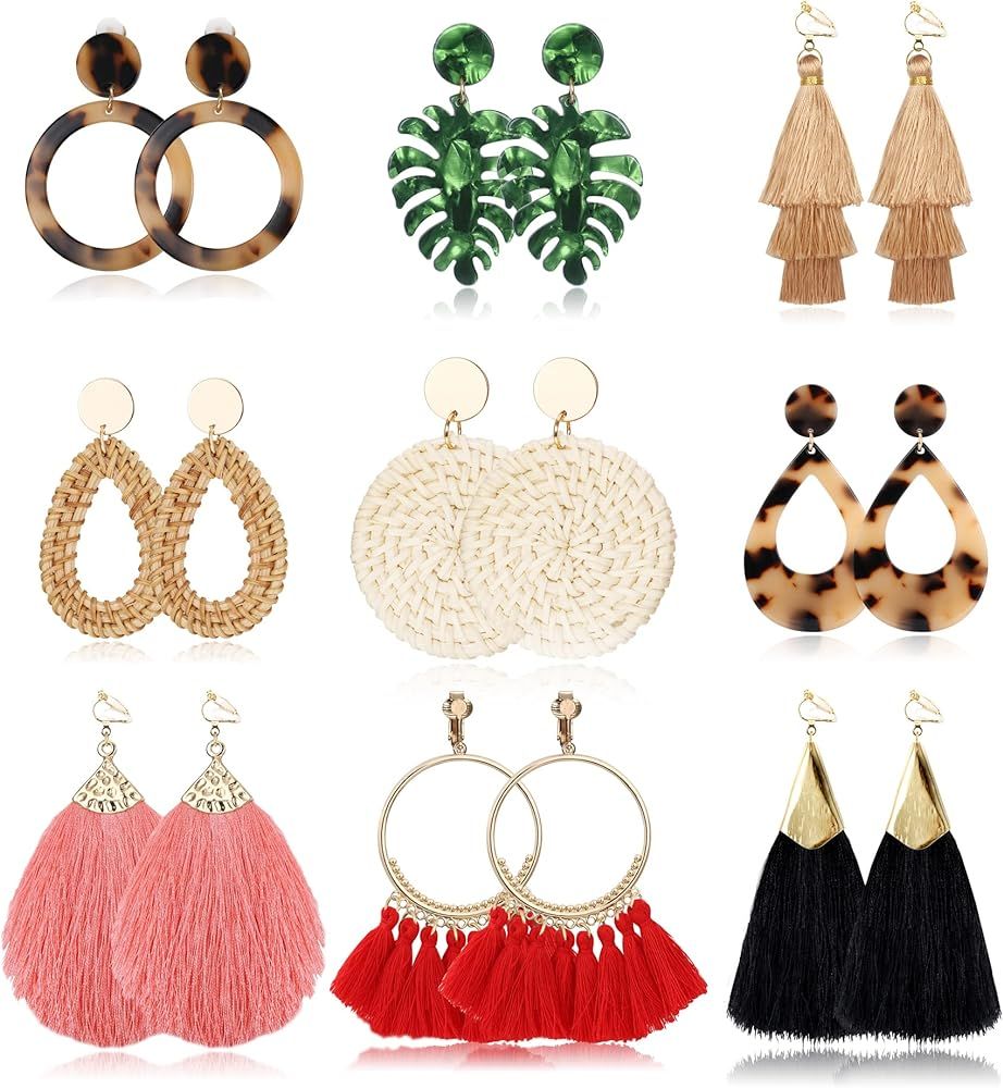 THUNARAZ 9 Pairs Clip on Drop Earrings for Women Bohemian Acrylic Dangle Rattan Earrings Clips Handm | Amazon (US)