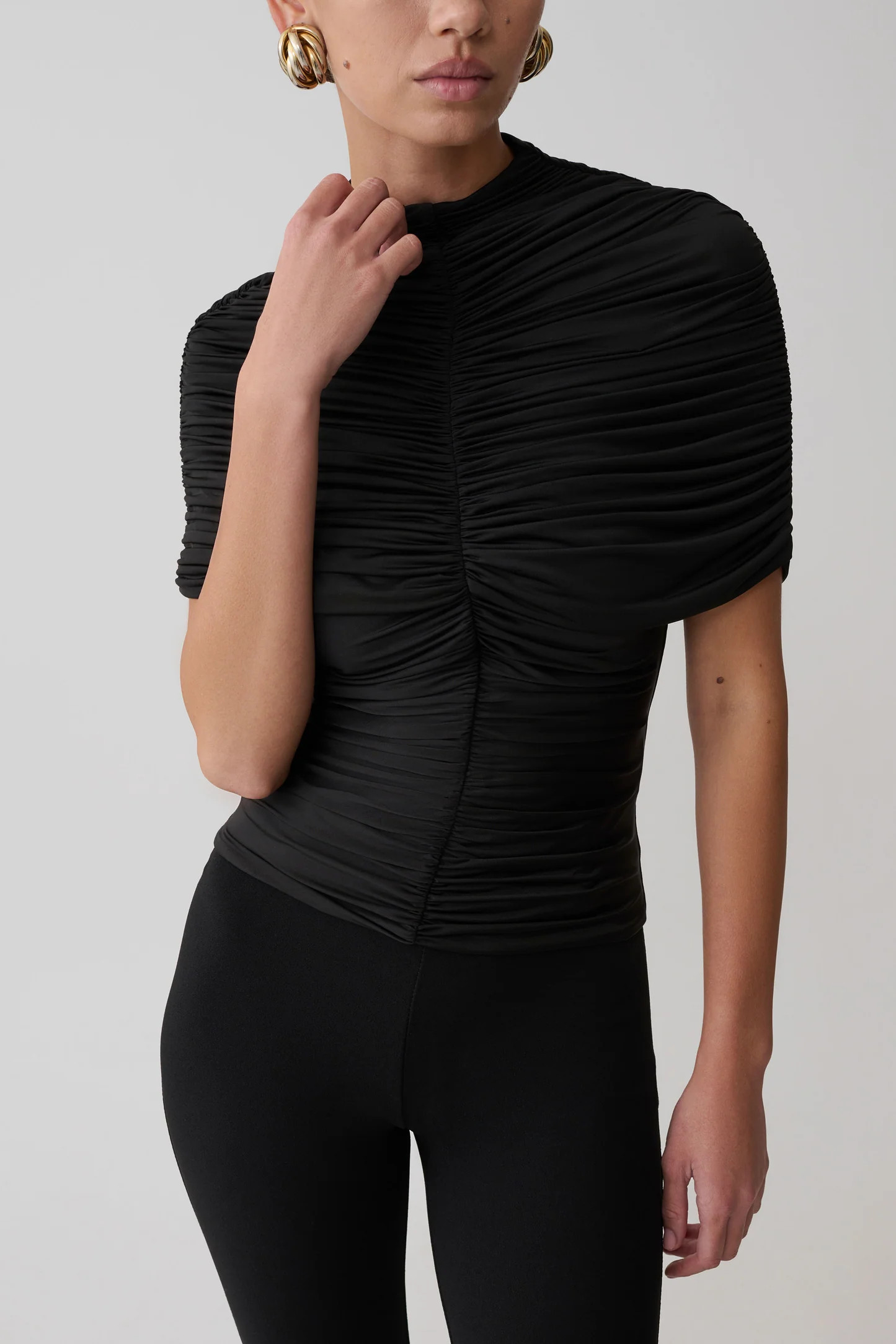 Linh Slinky High Neck Gathered Top - Black | Meshki (APAC)