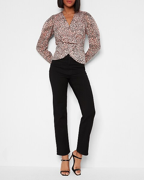 Leopard Print Faux Wrap Peplum Top | Express