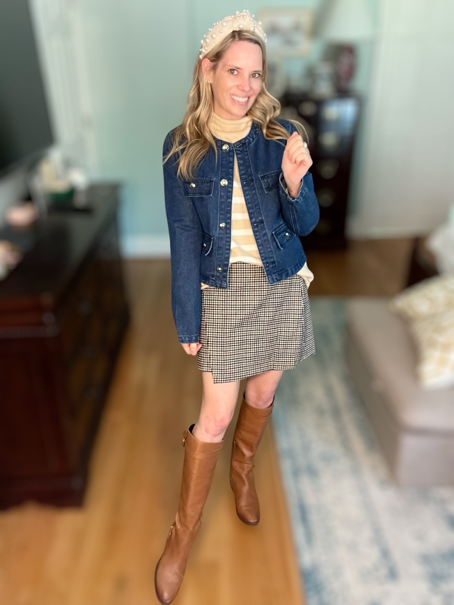 ✨ PREPPYREBEL for 10% off Melinda Maria Jewelry ✨

Fall layering done right 🍂 I styled this chic Amazon Kedera denim jacket over the ANRABESS striped turtleneck sweater for a cozy base. Paired it with an Old Navy high-waisted wrap-front mini skirt in a classic houndstooth print and topped it all off with my Lele Sadoughi ivory pearl headband for that polished preppy touch.

On my feet, I’m wearing my older Sam Edelman leather riding boots (linked similar options!) — timeless, versatile, and perfect for fall.

Of course, I added my signature sparkle ✨ with Melinda Maria jewelry: the Lil Frankie Chain Bracelet, Baby Julian Loves Diamonds Bracelet, Isla Tennis Bracelet, and Baroness Huggies. I finished the look with the Abbott Lyon Two-Tone Pearl Link Nueva watch for a chic everyday accessory.

📌 This outfit is perfect for weekend outings, pumpkin patch days, or a casual Friday at work when you still want to look elevated.

#LTKstyle #LTKFallFashion #LTKunder50 #MelindaMariaJewelry #PREPPYREBEL #LeleSadoughi #AmazonFashion #OldNavyStyle #PreppyStyle


#LTKFindsUnder50 #LTKOver40 #LTKFindsUnder100