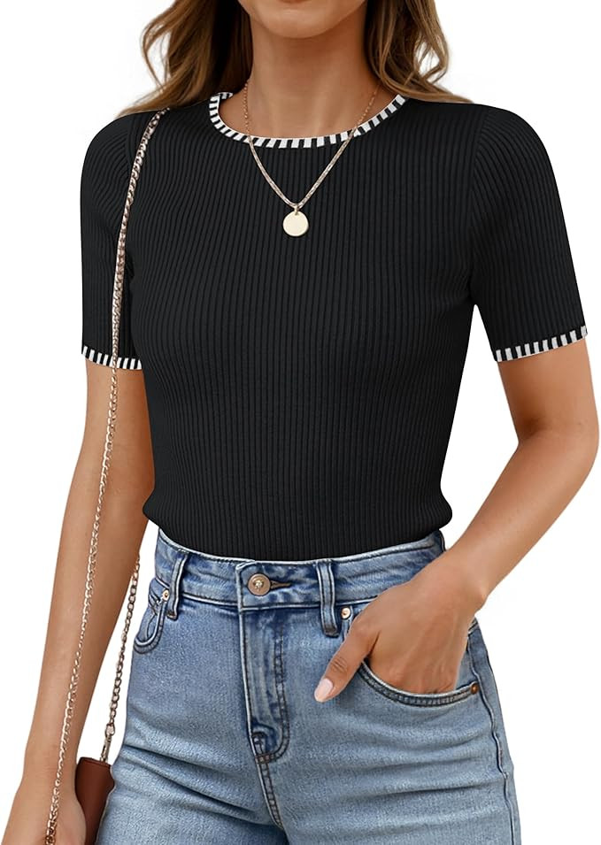 Women's Summer Short Sleeve Ribbed Knit Slim Fit T Shirt 2026 Crewneck Basic Casual Color Block T... | Amazon (US)