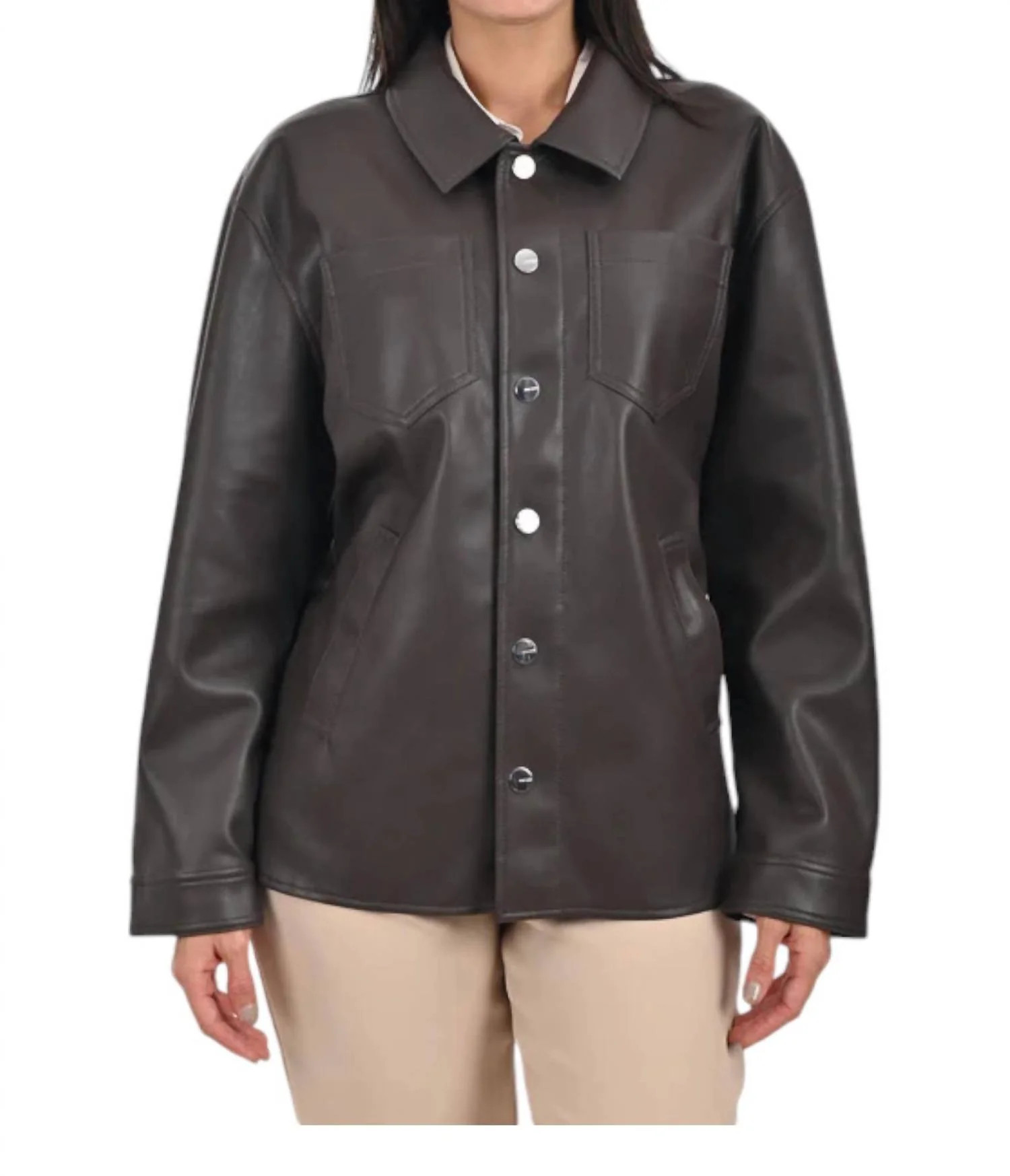 Faux Leather Shacket In Brown | Shop Simon