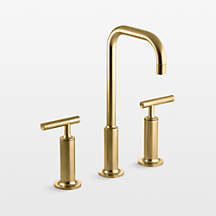 Kohler Purist Widespread Brushed Brass Gooseneck Bathroom Sink Faucet + Reviews | Crate & Barrel | Crate & Barrel