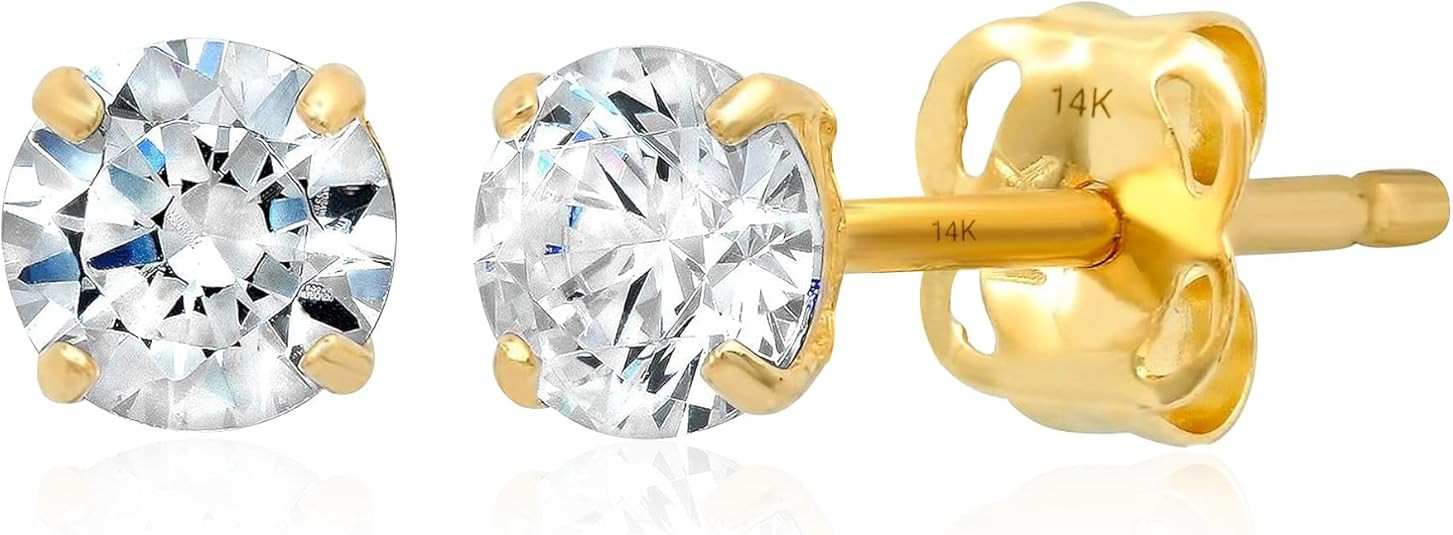 14k Gold Solitaire Round Cubic Zirconia Earrings Studs for Women & Men | Anti Tarnishing CZ Stud ... | Amazon (US)
