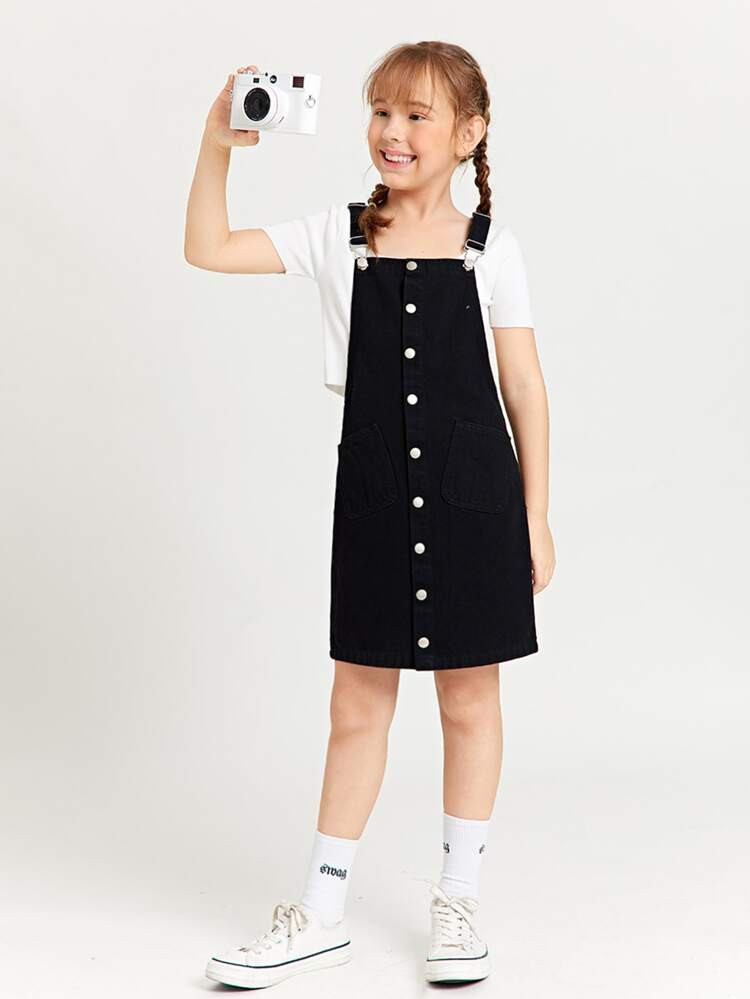 SHEIN Girls Single Breasted Denim Overall Dress Without Top | SHEIN