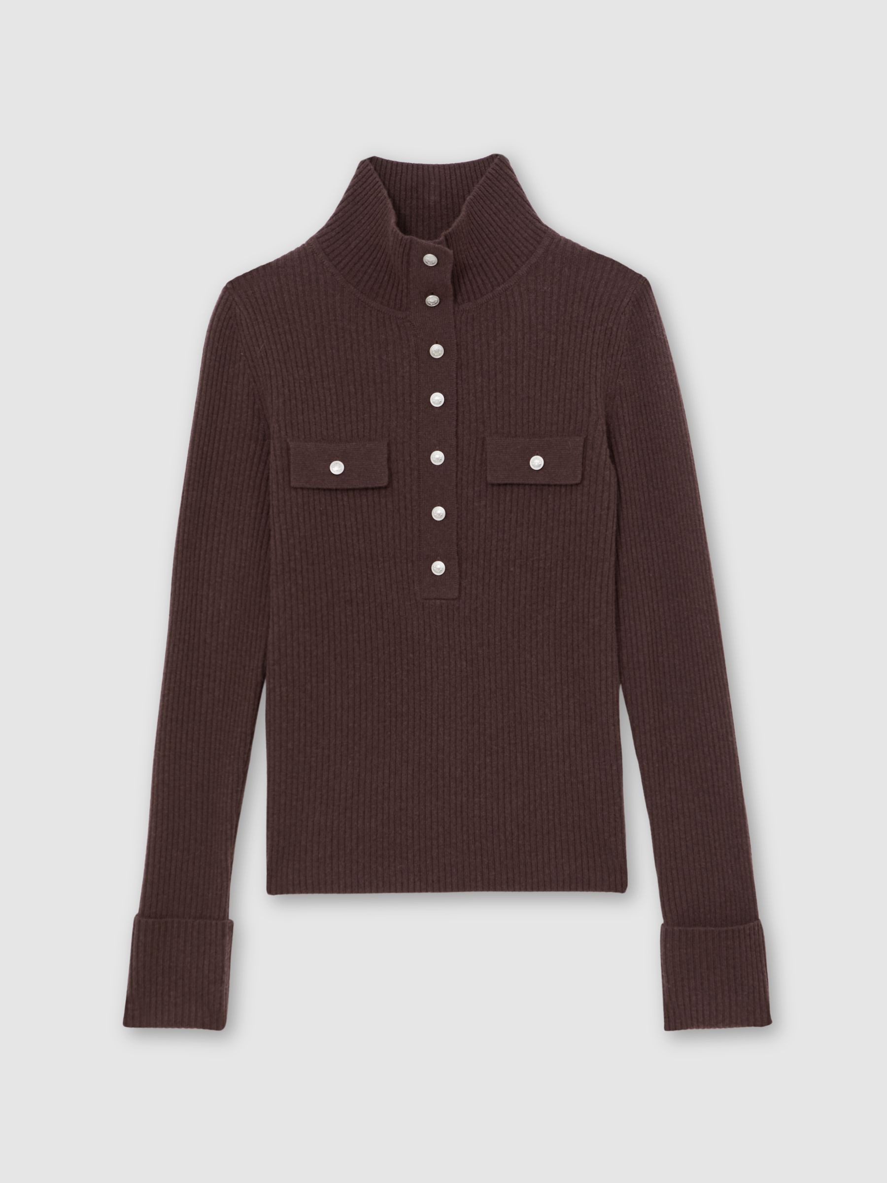 Reiss Wool Funnel-Neck Half-Button Jumper in Chocolate Brown | REISS | Reiss US