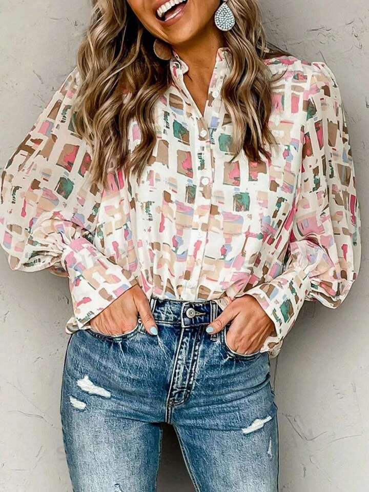 Astylish Multicolor Abstract Print Lantern Sleeve Casual Button-Down Shirt | SHEIN